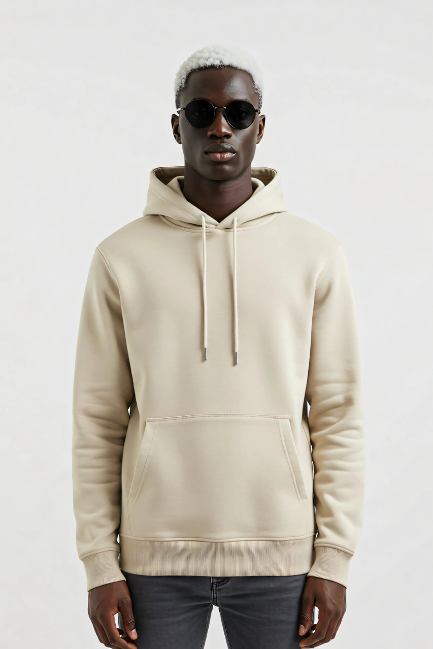 Erkek Oversize %100 Pamuk Yüksek Kalite Erkek Kapüşonlu Sweatshirt Bej
