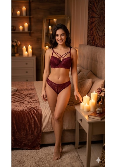 Trend Dokunuş Kadın Bordo Askılı Dantelli Ve Dolgulu İç Çamaşırı Sütyen Külot Takımı