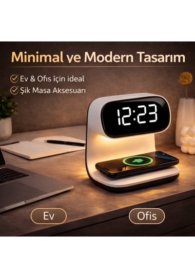 Polham 15w Kablosuz Şarjlı Led Masa Lambası Saat Alarm Özellikli Dijital Saat Gece Lambası Led Ekran Beyaz