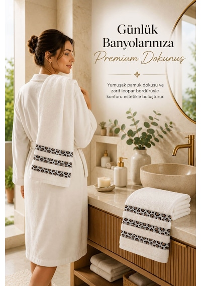 2 Parça Banyo Havlu Seti %100 Pamuk Leopar Deluxe 70x140 Cm + 50x90 Cm Beyaz