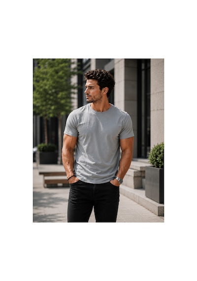 Luxıc Core Erkek Slim Fit Açık Gri Bisiklet Yaka Pamuk Penye Günlük Rahat Basic Tişört