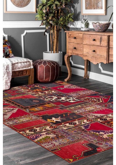 Patchwork Desenli Yıkanabilir Pamuk Taban Dijital Baskılı Halı Kırmızı