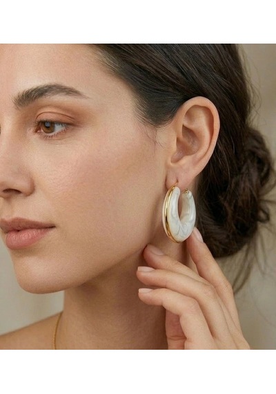 Beyaz Marble Gold Halka Küpe Çok renkli