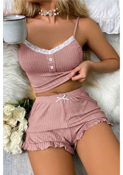 Merry See Dantelli Askılı Crop Üst Ve Fırfır Paça Mini Şortlu Pijama Takım Pembe