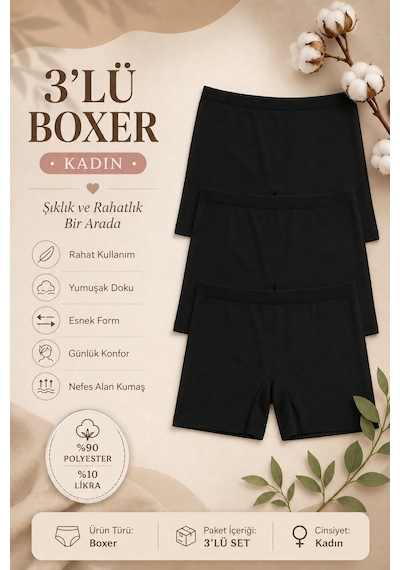 Nicoletta Kadın Lazer Kesim Dikişsiz Kadın Boxer Külot 3 Lü Paket Yüksek Be Siyah