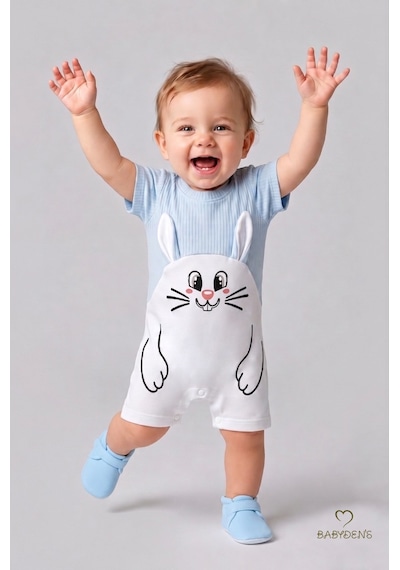 Babyden's Tavşan Baskılı Şortlu Erkek Bebek Tulum %100 Pamuk Yazlık Kısa Kollu Çıtçıtlı Yenidoğan Bebek Tulumu 0-9 Ay Bebe Mavisi