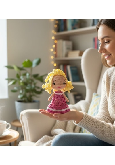 El Yapımı Mini Amigurumi Bebek %100 Pamuk Çocuklar İçin Şirin Oyuncak Sarı - Pembe
