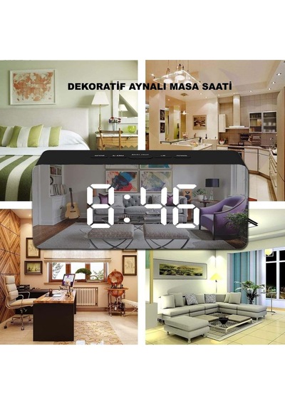Akıllı Aynalı Dijital Saat Led Göstergeli, Alarm & Termometre, Usb/pil