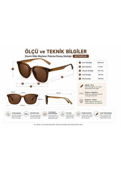 Mijia Wayfarer Polarize 8 Katmanlı Oar Kaplama Unisex Güneş Gözlüğü Tac Lens Kahverengi Mjta02lm