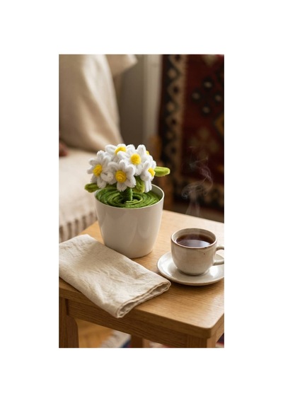 Şönil Beyaz Papatya Mini Saksı Minimal Beyaz - Sarı