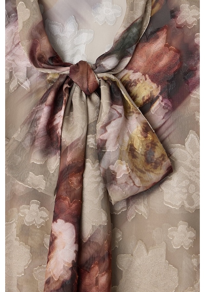 Sateen Fularlı Desenli Gömlek - Vizon-137422