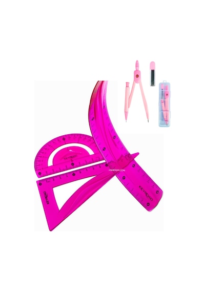 30 Cm Esnek Cetvel Takımı 4 Lü Set Cetvel,pergel,açıölçer Ve Metal 0,7 Uçlu Pergelli Set Pembe