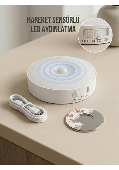 Hareket Sensörlü Yuvarlak Led Aydınlatma & Usb Şarjlı Pratik Gece Lambası 8 Cm Beyaz
