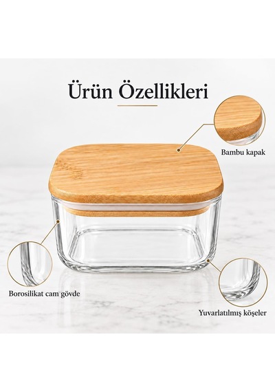 Bambu Kapaklı Borosilikat Cam Kavanoz 10 6 Cm, Kare Formlu Şeffaf Tereyağlık, Kahvaltılık Ve Kuru Gıda Saklama Kabı, Mutfak Düzenleyici, 1 Adet Çok Renkli