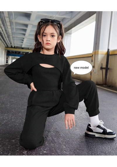 Aden Kids Kız Çocuk Siyah Waffle Örme 3 Parça Alt Üst Takım - Uzun Kollu Crop Ve Boru Paça Jogger