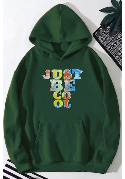 Medinenur Just Be Cool Baskılı Kapüşonlu Sweatshirt Yeşil