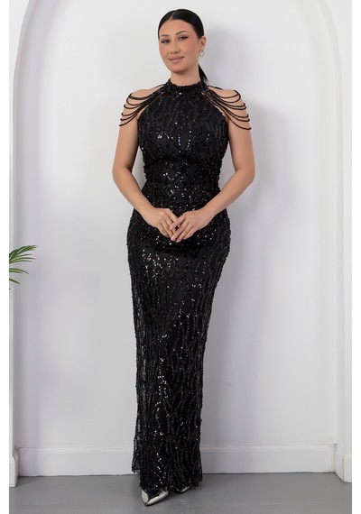 Kalopya Halter Yaka Boncuklu Tül Elbise Dns2227 Siyah