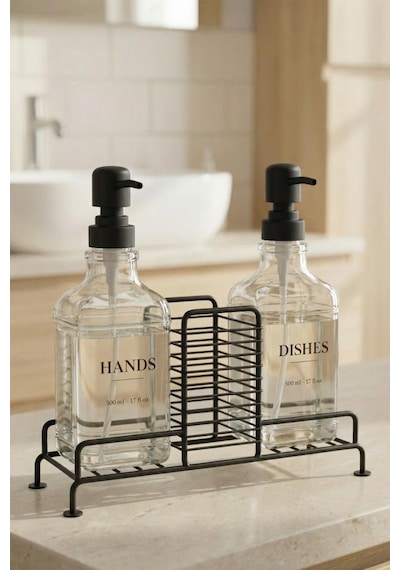 Digithome 2 Li Metal Standlı Cam Sıvı Sabun Ve Losyon Şişesi Sabunluk 500 Ml Siyah D/1 C1-1-289
