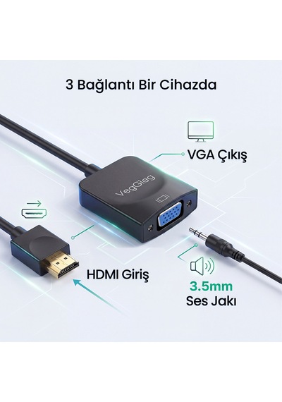 Veggieg Hdmı To Vga Çevirici Adaptör 3.5mm Ses Çıkışlı Full Hd 1080p 60hz