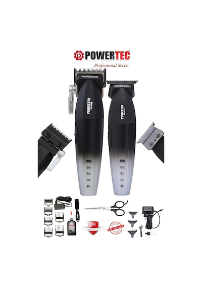 Powertec TR-4100 & TR-2727 Profesyonel Tıraş Makinesi 2'li Set Erkek Bakım Seti Makas Hediyeli 4 Saat Siyah