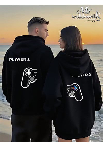 Nevermind Player 1 Player 2 Sevgili Kombini Hoodie Unisex Oversize Kapüşo Siyah