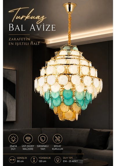 Modern Premium Turkuaz Bal Cam Taşlı Lüks Avize Gold Gövdeli Salon Yemek Odası Avizesi 25xe14 Duy Beyaz