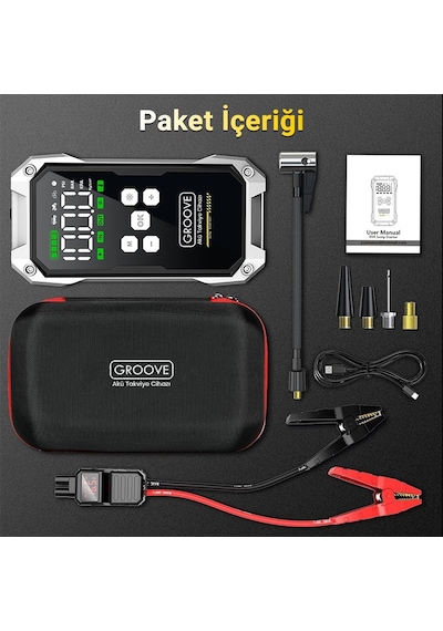 Groove F04 21800mah 6000a Akü Takviye Cihazı+lastik Şişirme Pompası Kompresörlü Jump Starter Çanta+powerbank+led Lamba+lcd Ekran