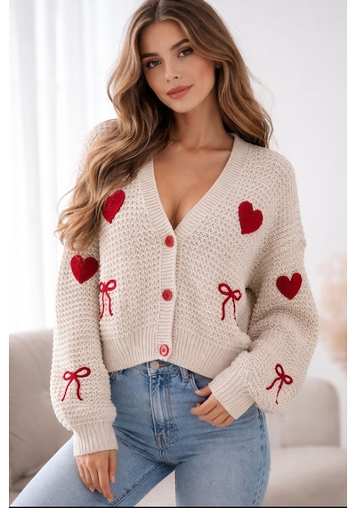 Kadın Kalp Ve Fiyonk Desenli Nakışlı Triko Hırka Love Knit ekru