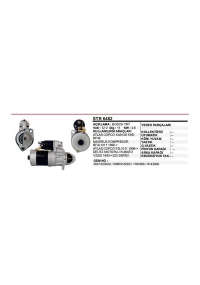 Marş Motoru 11 Dıs 12v.atlas Copco/deutz 223 Bosch Tip. 1 Ad