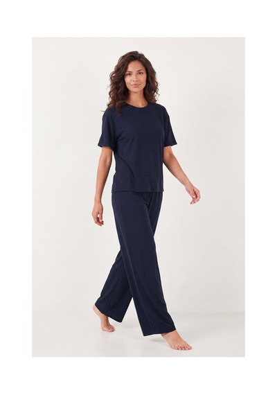 Lela Yumuşak Dokulu Bisiklet Yaka Lastikli Bel Kısa Kollu Pijama Takımı Bayan Pijama Takımı 65720102 Lacivert