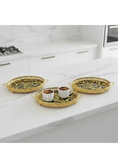 3 Adet Gold Renk Vav Desen Metal Çerçeveli Cam Nişan-servis Tepsi Seti 28 19 Cm Rosegold