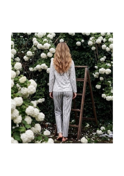 Pijamoni Kadın Sofya Kumaş Bisiklet Yaka Pijama Takımı Desenli Beyaz