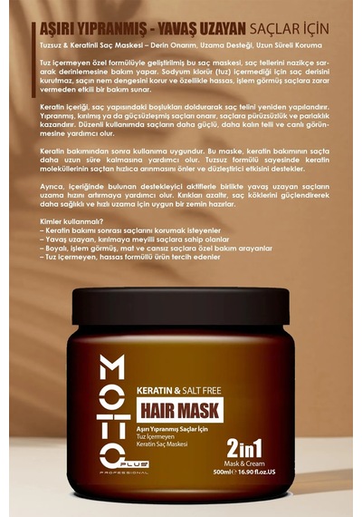 Motto Plus Professional Yavaş Uzayan - Aşırı Yıpranmış Saçlar İçin Tuz İçermeyen Keratin Maskesi 500ml