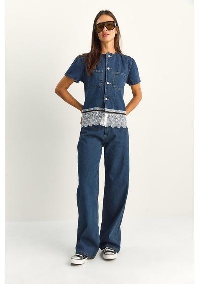 Kadın Dantel Detaylı Kısa Kollu Ceket Wide Leg Denim Pantolon Takım 8211 60286152 - Lacivert Kadın Dantel Detaylı Kısa Kollu Ceket Wide Leg Denim Pantolon Takım 8211 60286152 - Lacivert