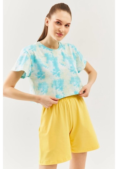 Kadın Oversize Rahat %100 Pamuklu Penye Bisiklet Yaka Kısa Kol Basic Crop T-shirt Batik Doğa