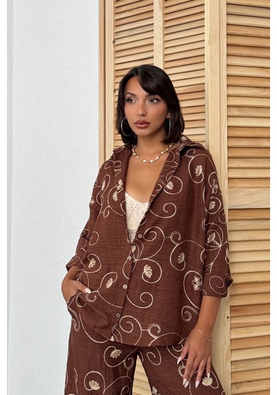 Verymoda Nakışlı Gömlek - F1899 Kahve Dsn2