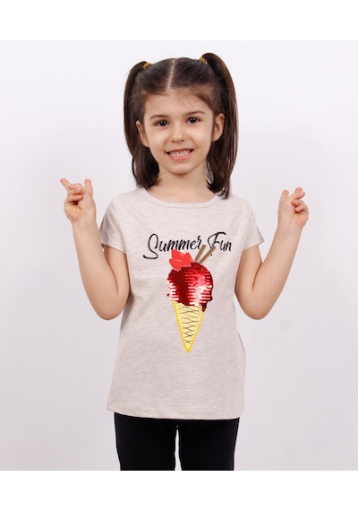 Toontoy Kids Toontoy Kız Çocuk Dondurma Baskılı Tişört Bej