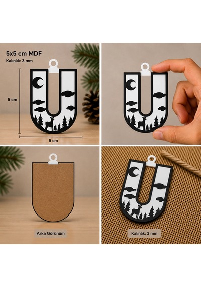 U Harf Yılbaşı Süsü Mdf Çam Ağacı Desenli Asılabilir Dekor 5x5 Cm