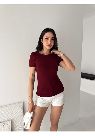 Elaxi Kadın Kısa Kollu Kayık Yaka Buzy Kumaş Tişört Bordo