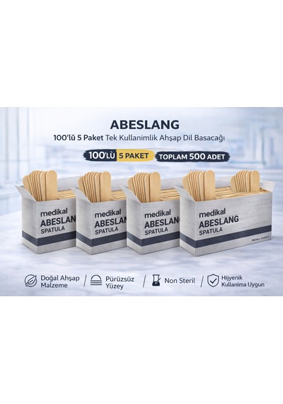 Abeslang 100'lü 5 Paket Tek Kullanımlık Ahşap Dil Basacağı Non Steril Medikal Spatula Toplam 500 Adet