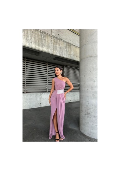 DefyModa Kadın Sandy Kumaş Tek Omuz Balık Kesim Abiye Elbise Gülkurusu