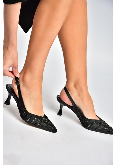 Fox Shoes Y676198104 Siyah Kumaş Taşlı Alçak Topuklu Kadın Abiye Ayakkabı