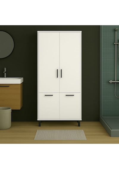 Çift Çamaşır Sepetli Banyo Dolabı Beyaz