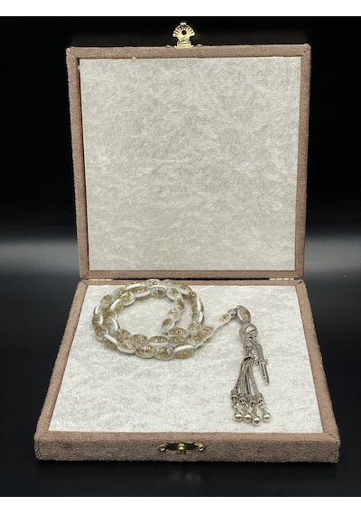 Onurlu Tesbihane Golden Rozalin Uçak Camı Tesbih Beyaz Sedef 8,5x12 Mm Erkek Tesbihi Gümüş