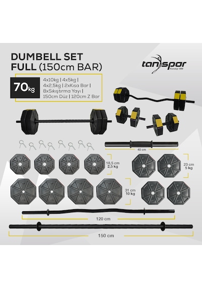 Tan Spor 70 KG Dambıl Halter Ağırlık Full Kısa + Düz + Z Bar Set Kırmızı Kapaklı