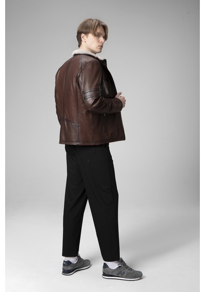 Dericlub Parma Erkek Jumbo İçi Kürklü Dik Yaka Hakiki Deri Mont Fındık Fındık