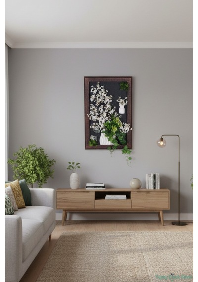 Yapay Çiçek Sitesi Ahşap Çerçeveli Yapay Çiçek Duvar Tablosu 38x60 Cm Model 3 Yeşil