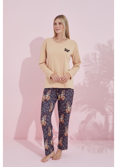 Siyah İnci Pamuklu Örme Pijama Takım 24240180 Ten Rengi