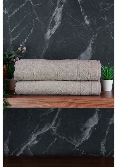 Ayak İzi Desenli 2li Ayak Havlusu - 50x70 Cm - Su Emici Banyo Paspası Seti - Krem krem