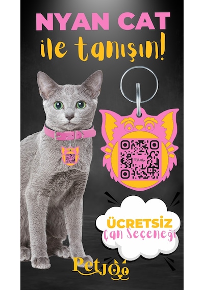 Petjoo 2.Nyan Cat Sarı-Pembe Qr'lı Kedi Künyesi